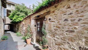 Un estrecho callejón de piedra con plantas en macetas y una puerta de madera.