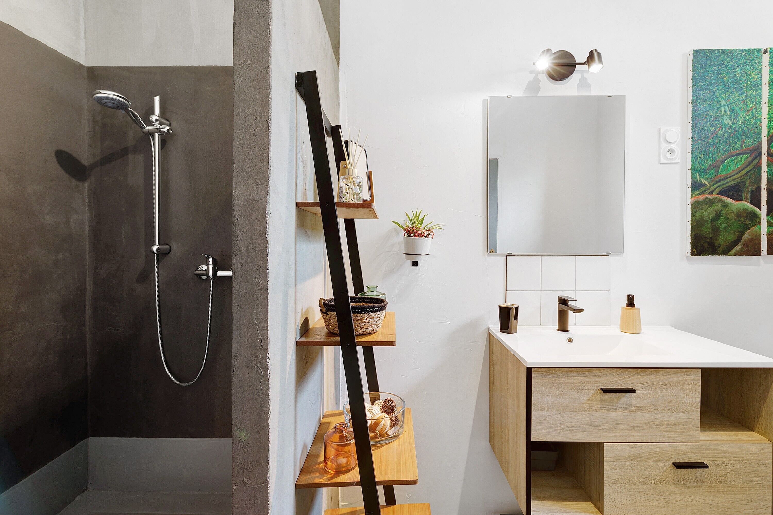 Shower, hair dryer, towels