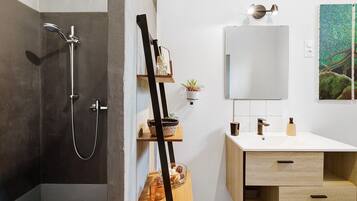 Shower, hair dryer, towels