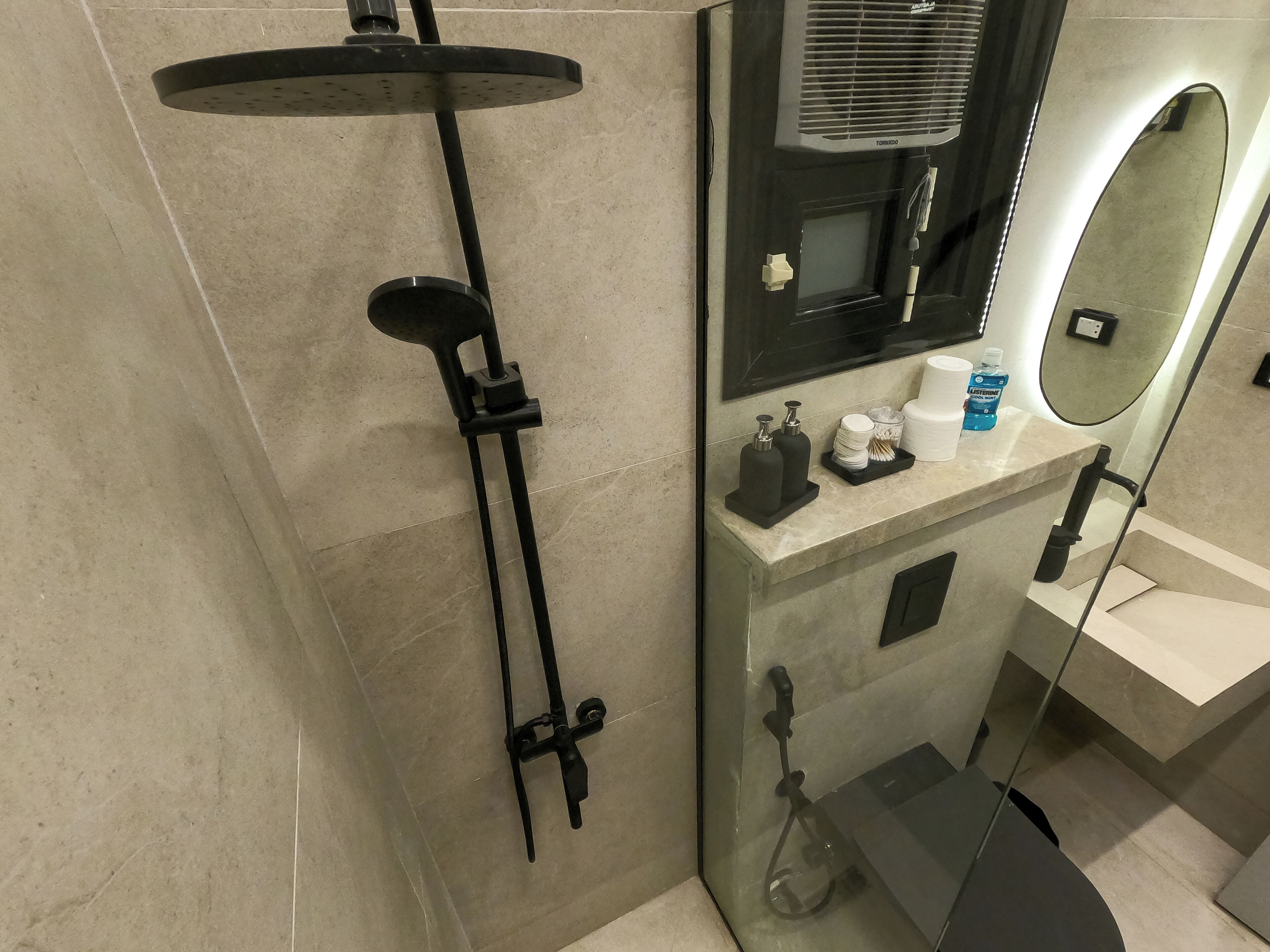 Hair dryer, towels, soap, toilet paper