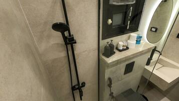 Hair dryer, towels, soap, toilet paper