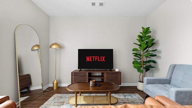 Un soggiorno moderno con una televisione che mostra "NETFLIX", un tavolino, un divano, una lampada da terra e una pianta in vaso.