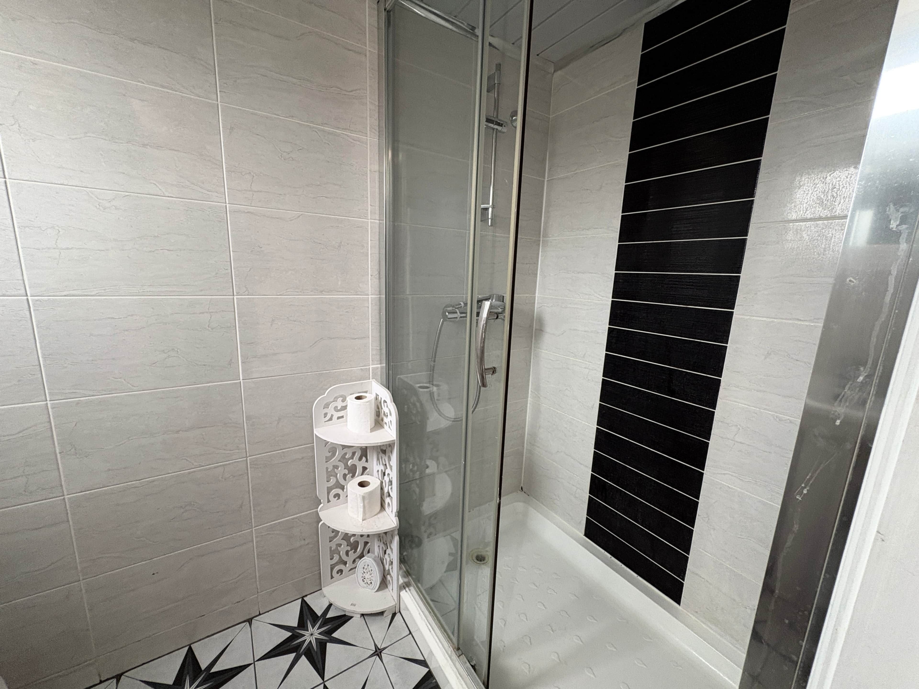 Hair dryer, towels, soap, toilet paper