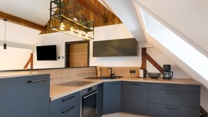 A modern kitchen with a built-in oven, a sink, and a large flat-screen TV mounted on the wall. - Vogtlandstadl – Modern Lakeside Holiday Home in Vogtland, Spacious & Comfortable (Bad Brambach)