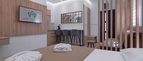 デラックス スタジオ パティオ | セーフティボックス (室内)、ノートパソコン用作業スペース、防音設備、WiFi (無料)