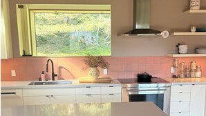 A modern kitchen with a large island, stainless steel appliances, and a window with a view of greenery. - Epic views, modern luxury, private retreat in West Marin on hilltop 2 acre (Lagunitas-Forest Knolls)