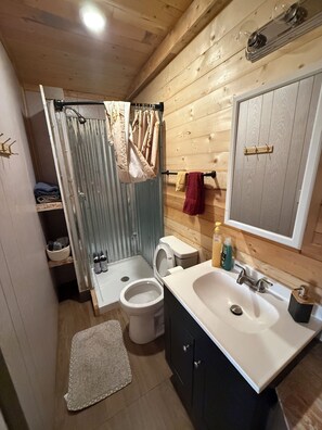 A compact bathroom with a shower, toilet, sink, and a mirror.