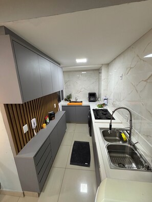 Fridge, oven, stovetop, electric kettle