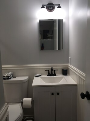 Secador de cabelo, toalhas de banho, sabonete, papel higiênico