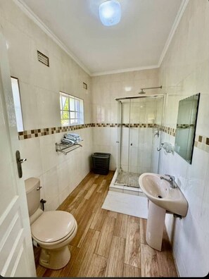 A bathroom with a toilet, sink, shower, and a window.