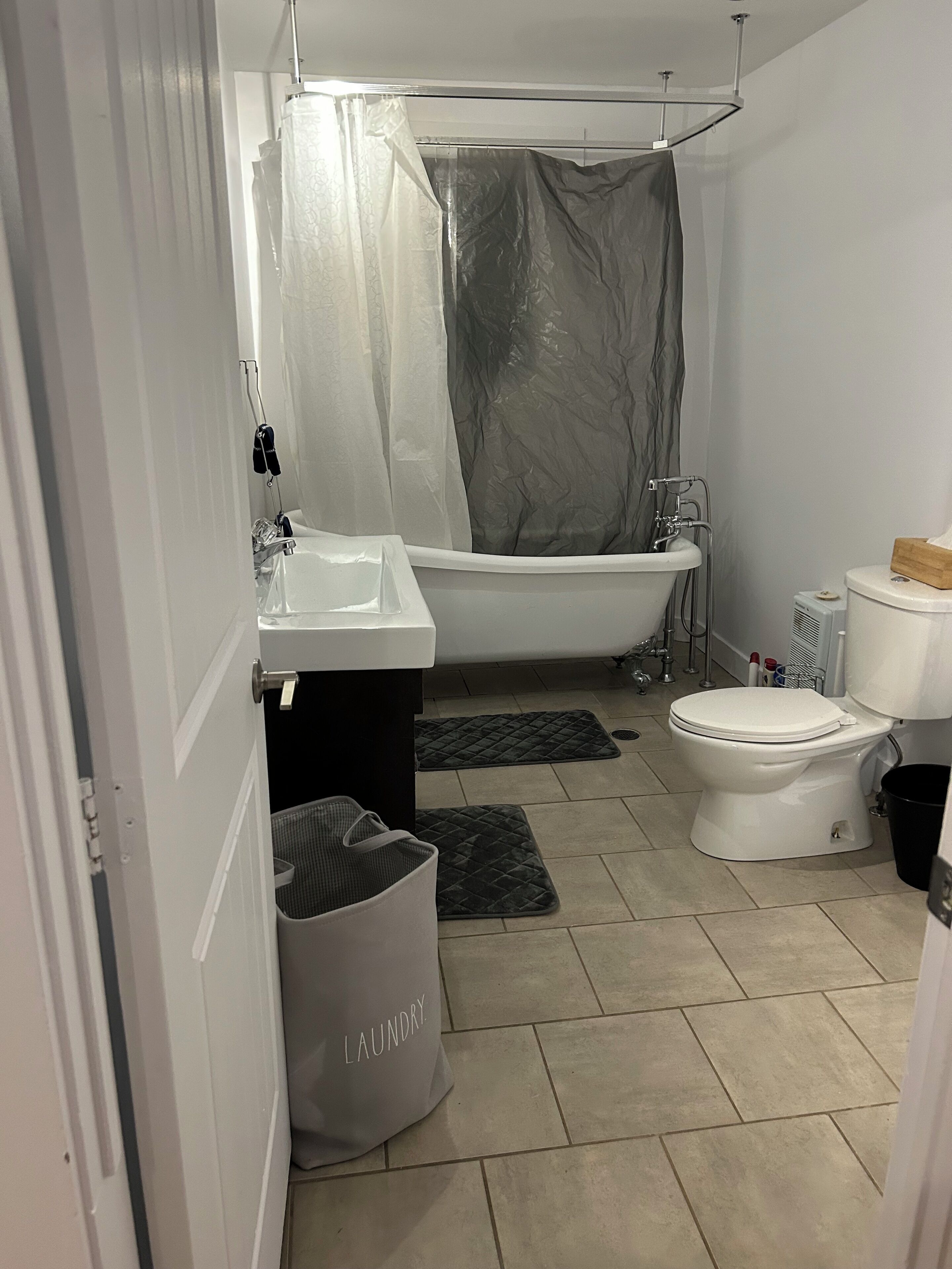 Hair dryer, towels, soap, toilet paper
