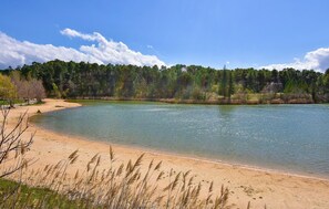 Une plage à l’eau claire, un rivage sablonneux et une zone boisée en arrière-plan.