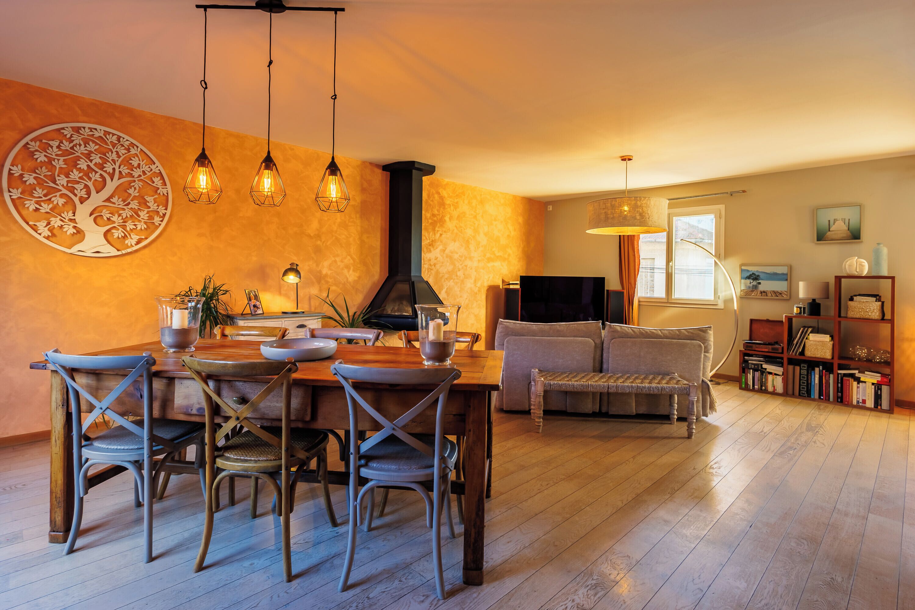 Una televisión, una chimenea, un reproductor de DVD