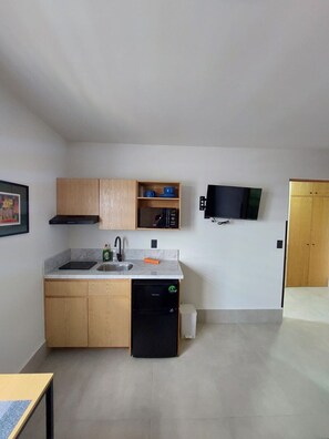 Uma cozinha compacta com armários de madeira, máquina de lavar louça embutida, pia e uma TV de tela plana fixada na parede.