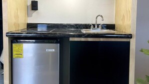 Una cocina compacta con refrigerador integrado, un lavamanos y una encimera.