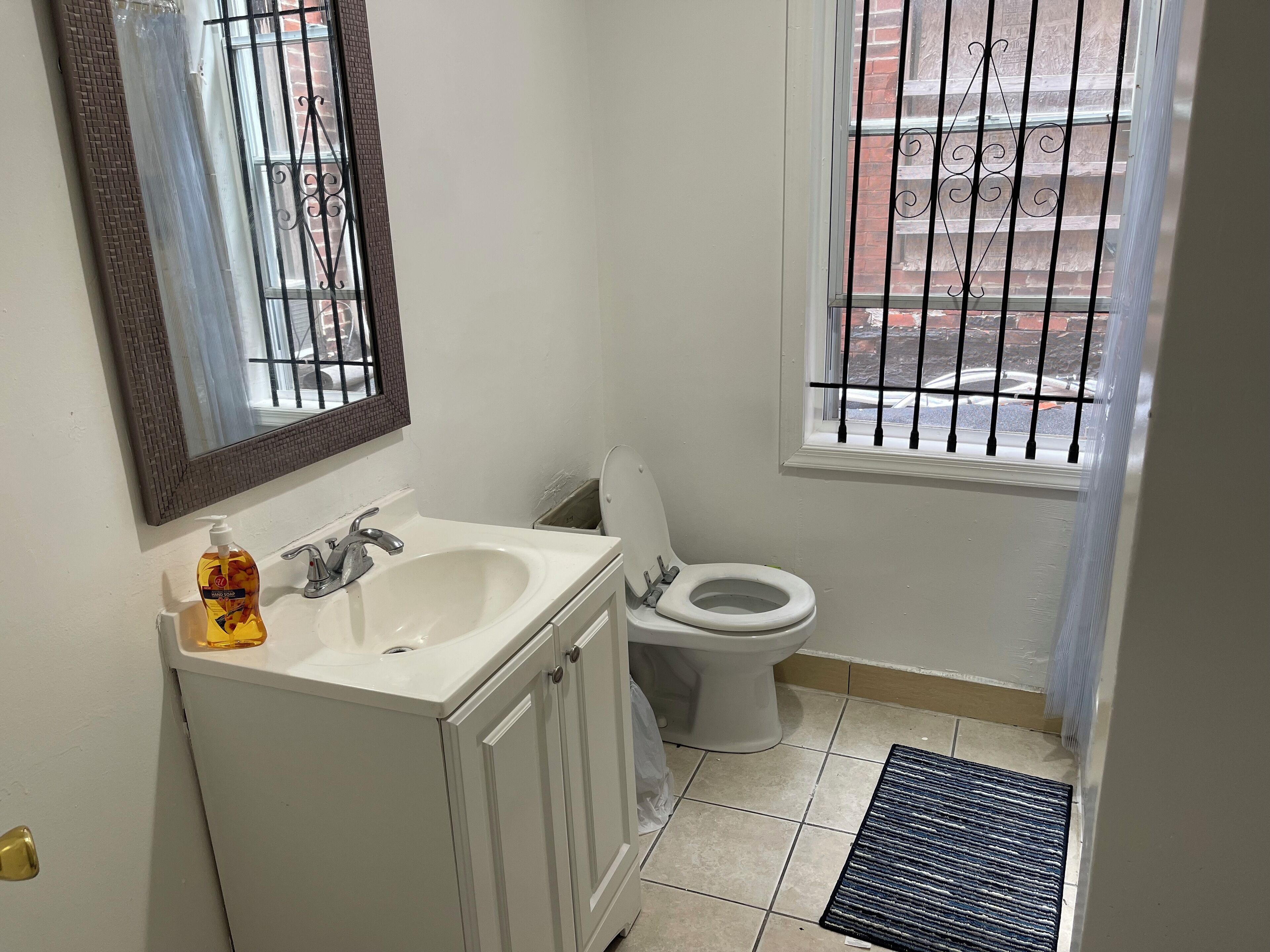Shower, towels, soap, toilet paper