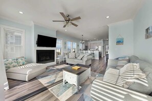 TV - Sandy Bottoms by Carolina Getaway: Elevator Home w/ Ocean Views & Steps to Beach (Surf City)