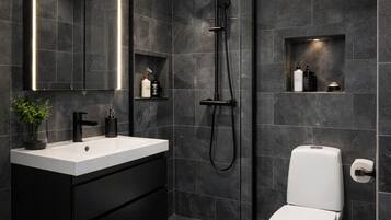 Hair dryer, towels, soap, toilet paper