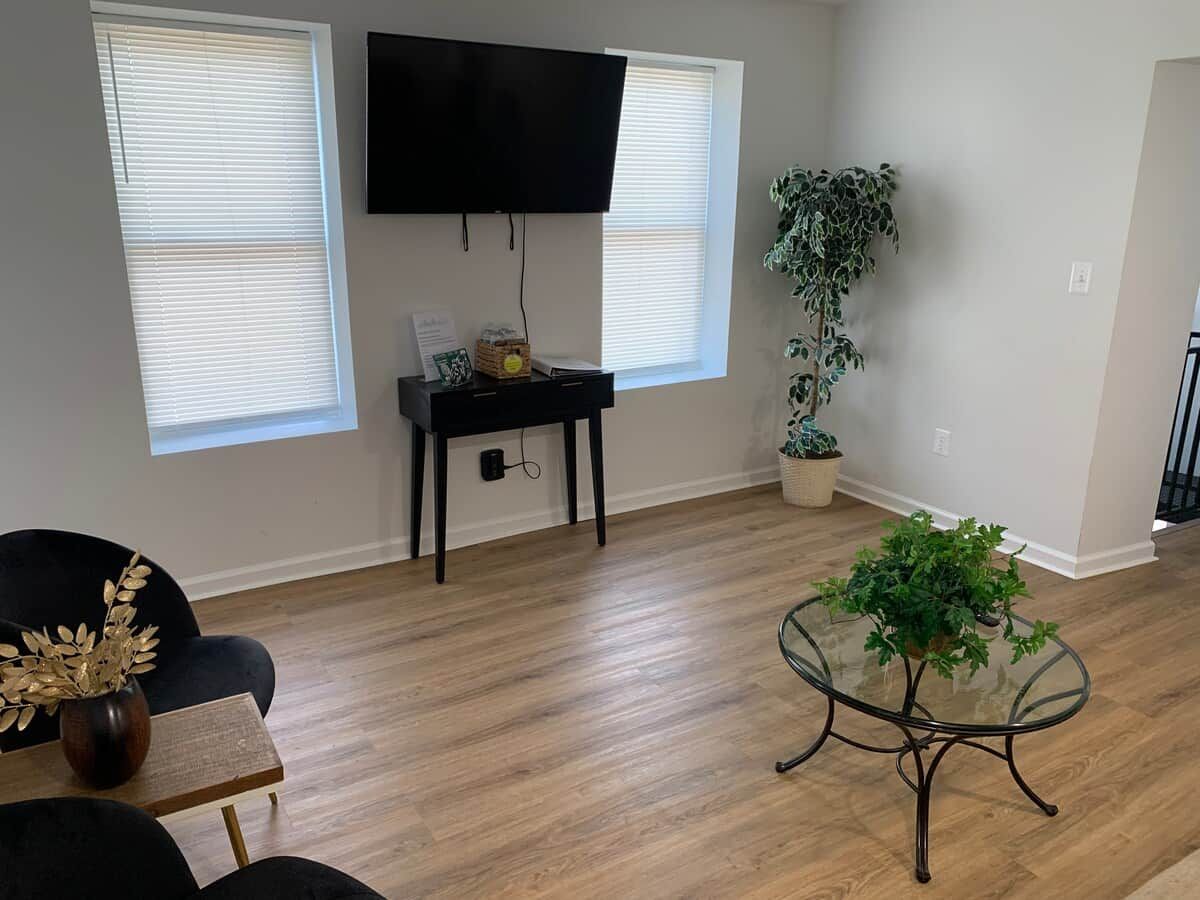A living room with a flat-screen TV mounted on the wall, a black side table with a plant, a glass coffee table, and a black chair.