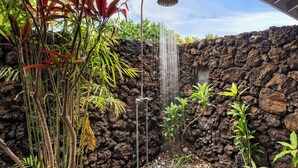 Una cascada con estructura metálica, rodeada de plantas tropicales y un muro rocoso.