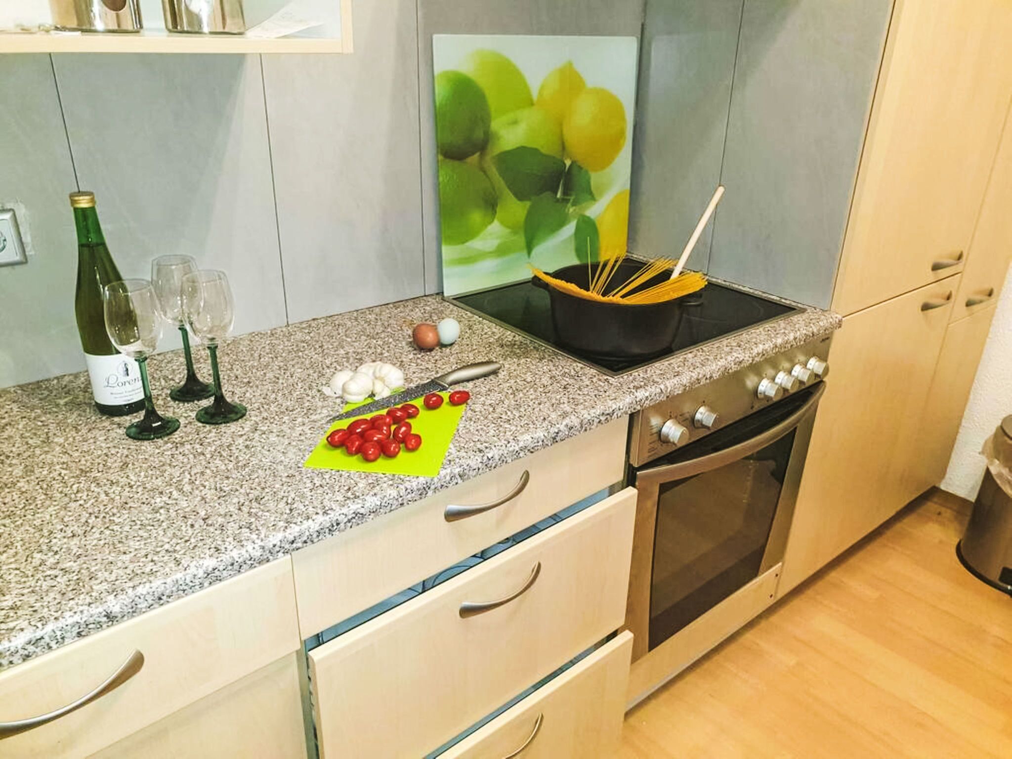 Fridge, microwave, oven, cookware/dishes/utensils