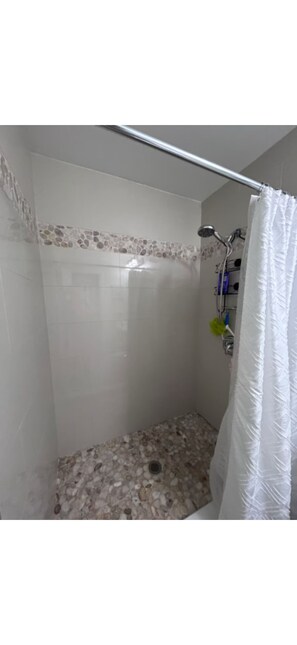 Chuveiro, secador de cabelo, toalhas de banho, sabonete