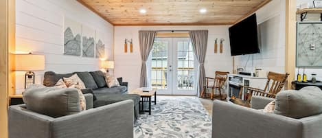 TV, fireplace, video games, DVD player