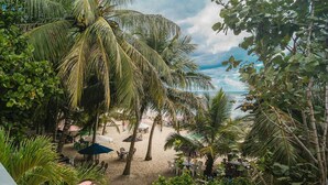 Uitzicht op het strand met palmbomen, strandstoelen en parasols.