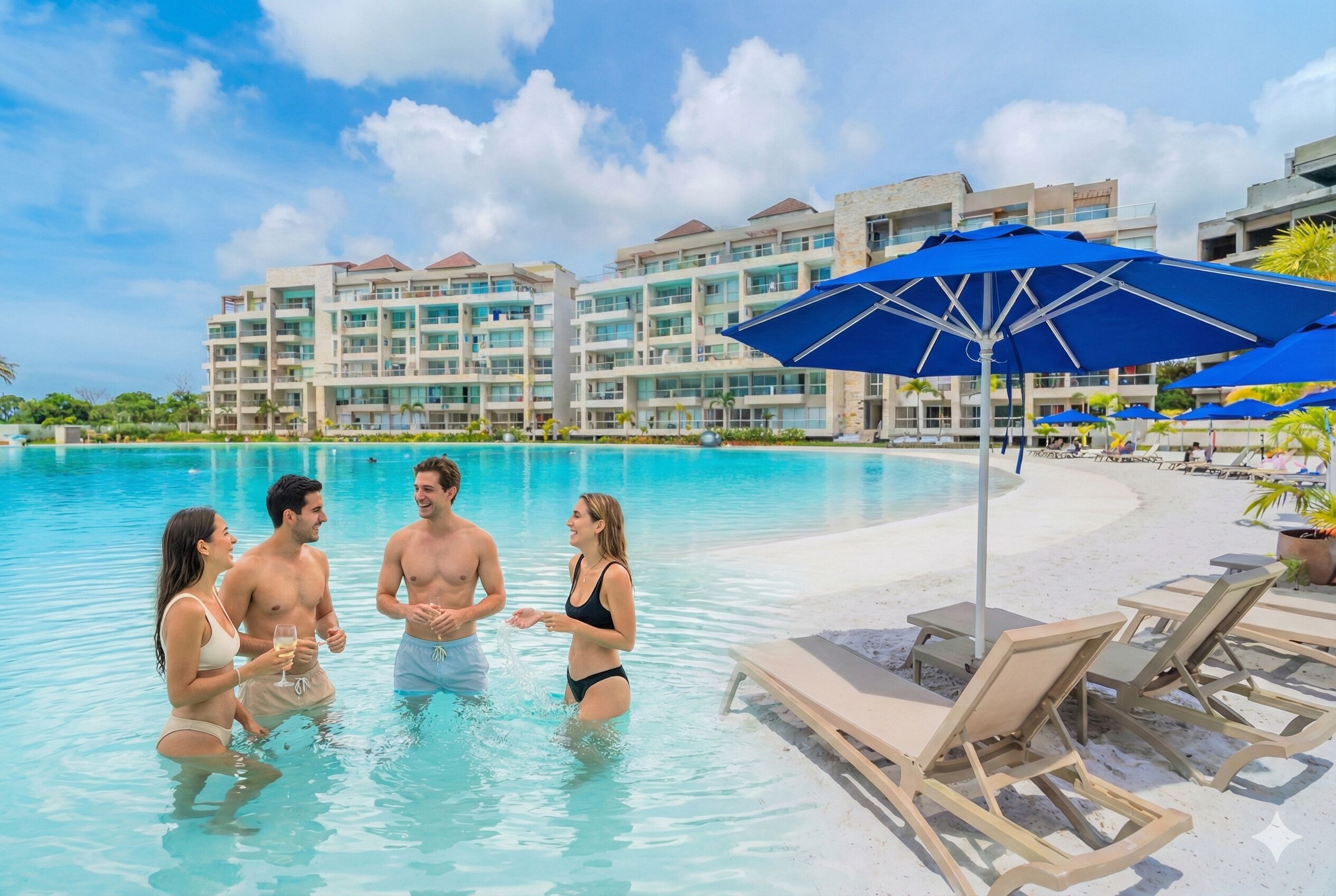 A swimming pool area with lounge chairs and umbrellas, surrounded by hotel buildings.