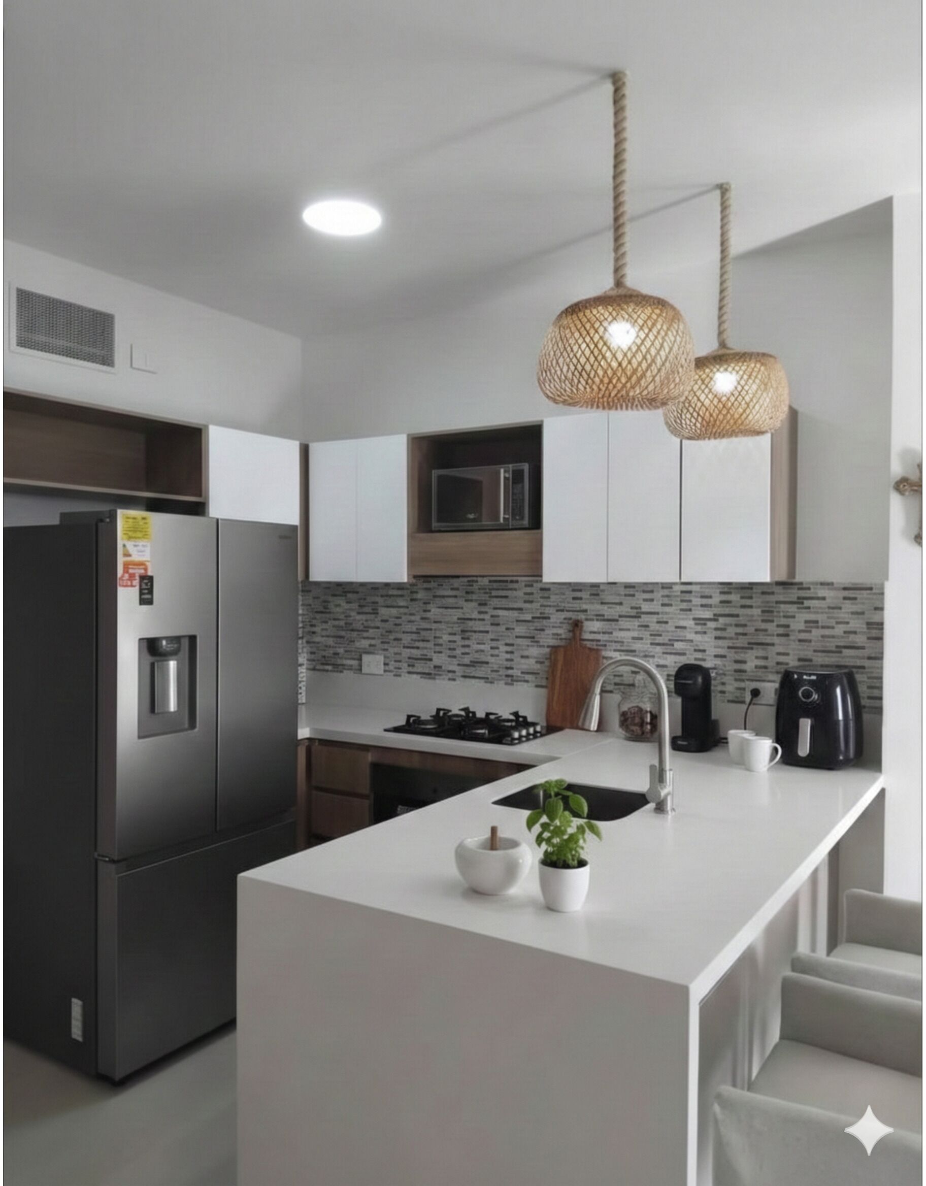 A modern kitchen with a central island, stainless steel appliances, and a hanging light fixture.