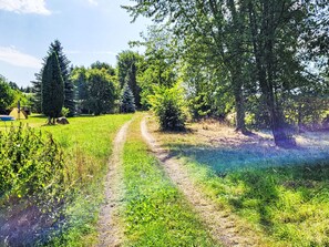 Ein Feldweg, der durch eine Wiese mit Bäumen und einem Zelt im Hintergrund führt.