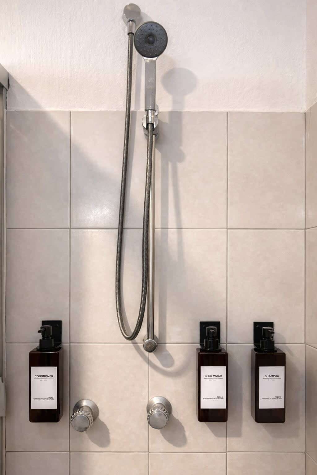 Chuveiro, secador de cabelo, toalhas de banho, sabonete