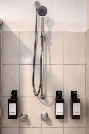 Chuveiro, secador de cabelo, toalhas de banho, sabonete