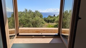A balcony with a view of the sea and trees.