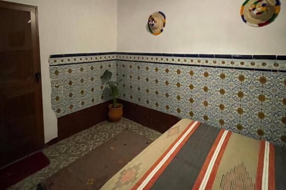 Habitació amb sostre de fusta, llit amb mantell estampat, una planta en test i rajoles decoratives a la paret.