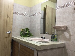 Chuveiro, secador de cabelo, toalhas de banho, sabonete