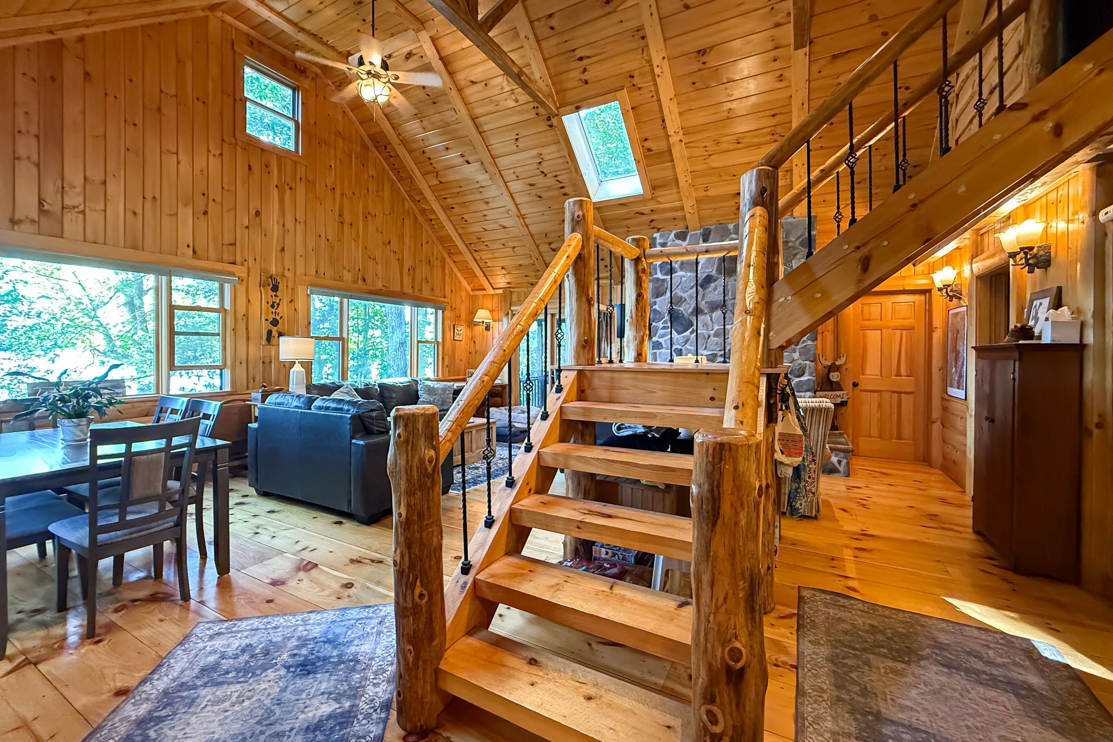 Télévision, cheminée, lecteur de DVD, livres