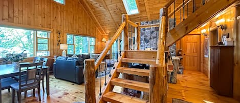 Télévision, cheminée, lecteur de DVD, livres