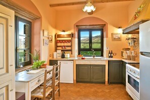 A kitchen with a wooden ceiling, a window with a view of the countryside, a white refrigerator, and a sink with a window above it. - VILLA  LARA - VILLA LARA (Guardistallo)