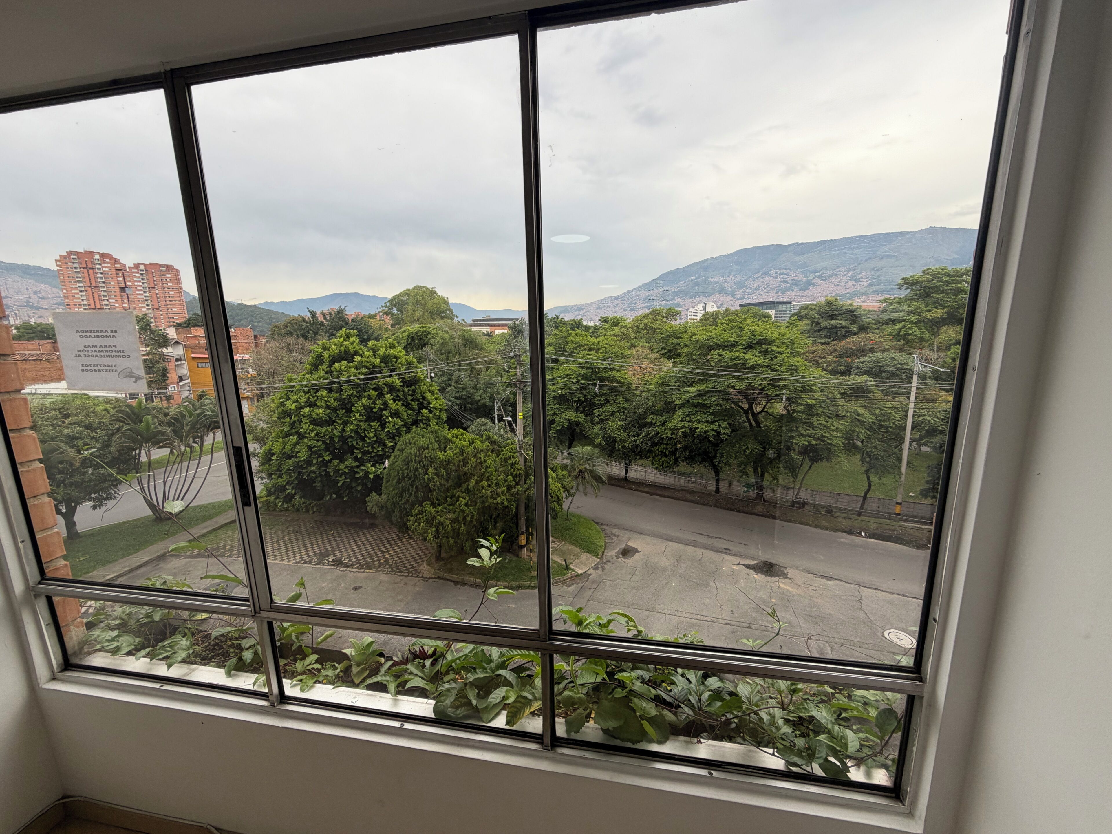Una ventana con vista a una carretera, vegetación y edificios lejanos.