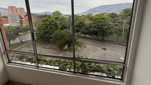 Una finestra con vista su una strada, vegetazione e edifici in lontananza.