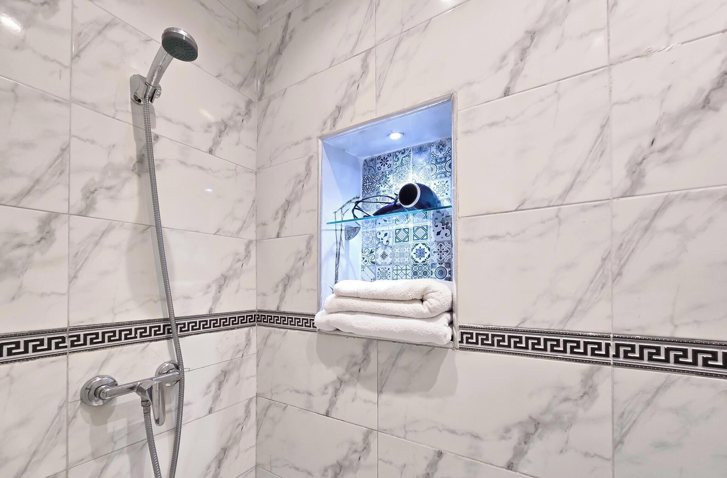 Hair dryer, towels, toilet paper