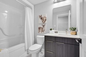 Hair dryer, towels, soap, toilet paper