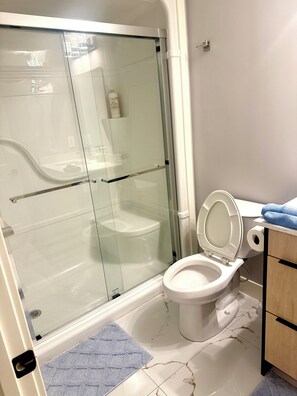 Hair dryer, towels, soap, toilet paper