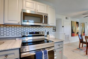 Fridge, microwave, stovetop, coffee/tea maker - 1 Block to John's Pass: Condo w/ Shared Dock! (Madeira Beach)