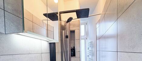 Douche, séchoir à cheveux, serviettes fournies