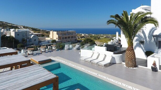A rooftop pool area with lounge chairs, a palm tree, and a view of the sea and buildings.