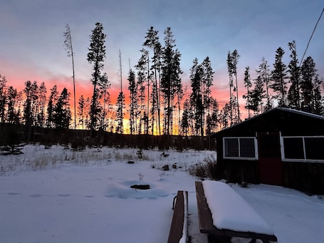 Property grounds. Cabin #5 Serene 2-bedroom rustic cabin in Gould, perfect for a peaceful getaway.