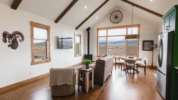 Smart-tv, eldstad och böcker