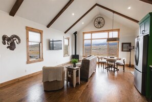 Smart-tv, eldstad och böcker